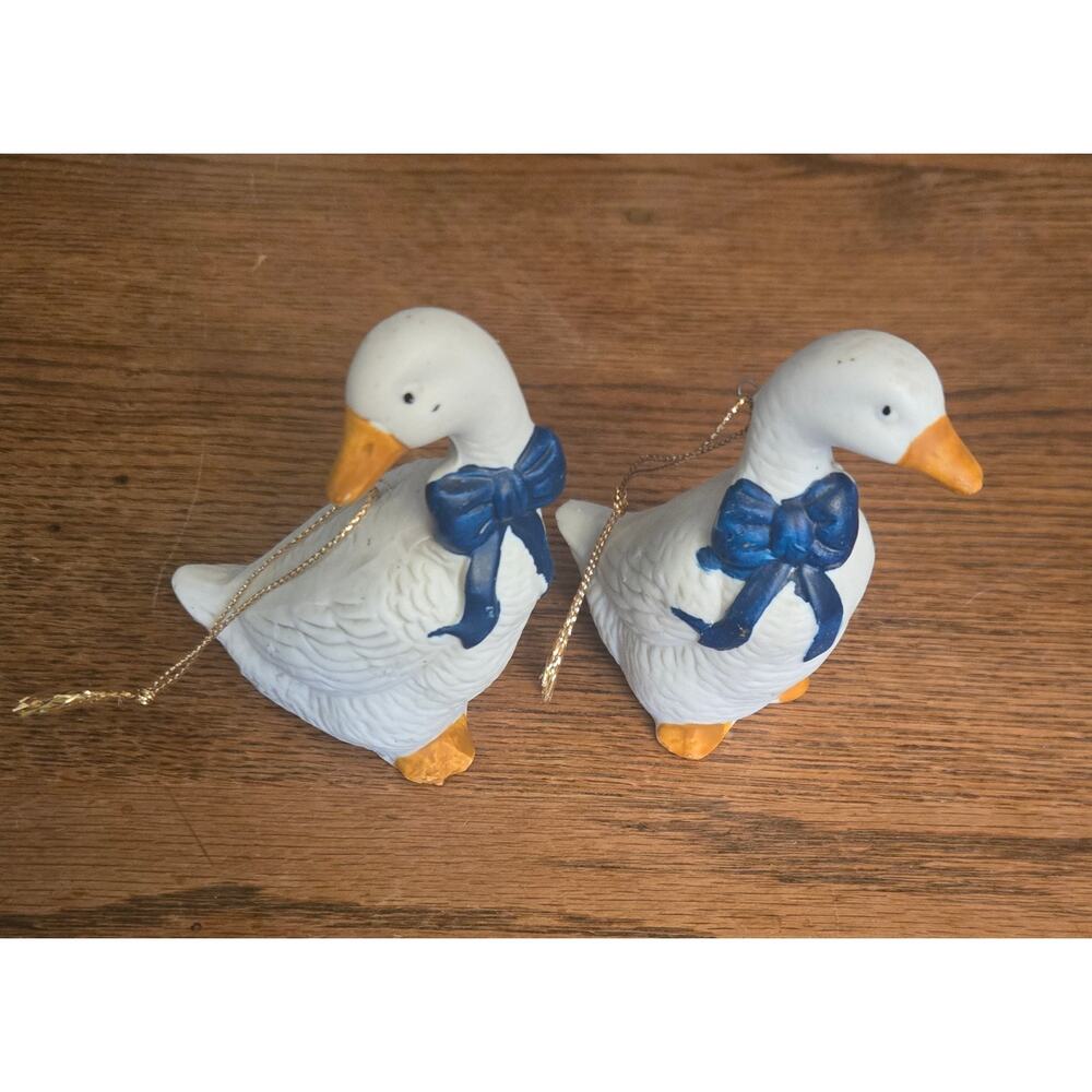 Vintage Country Geese Goose Ornaments Blue Ribbon Set Of 2 VTG Porcelain Decor - Picture 2 of 9